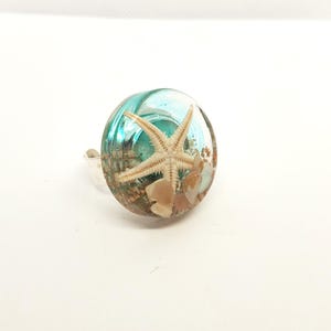 Handmade Nautical Resin Statement Ring: Silver Adjustable Band