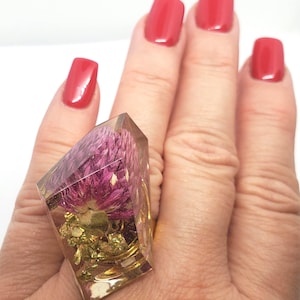 Statement Ring, Resin Adjustable Ring, Gold color Band. Real Flower Jewelry, Large Resin Rings, Handmade, Hand-crafted Resin Jewelry w/Love.