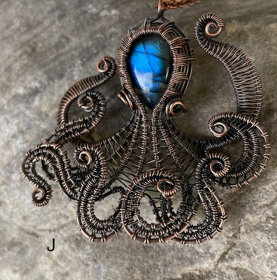 Wire Weave Octopus Labradorite in Copper or Moonstone Sterling