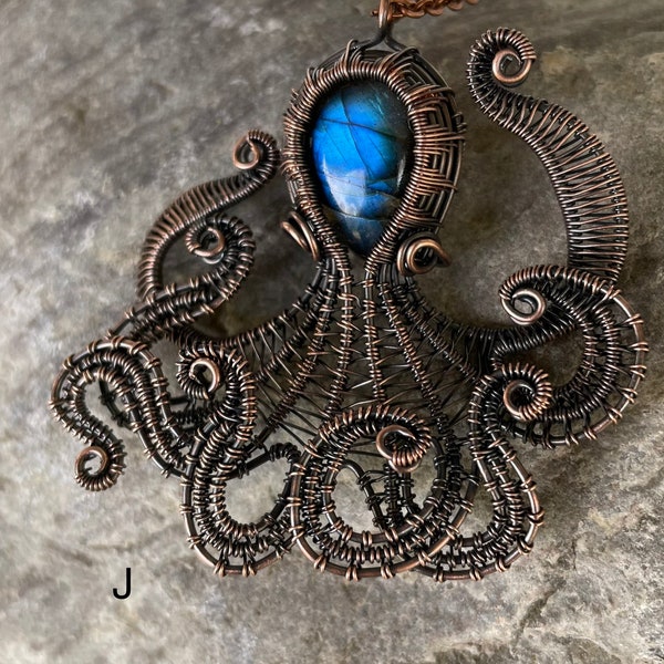 Wire weave octopus labradorite in copper or moonstone sterling silver