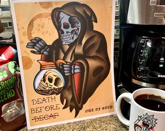 Death Before Decaf Reaper Tattoo Flash Art Print (8.5x11)