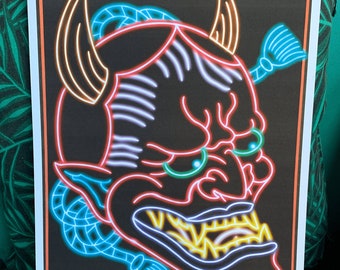 Neon Demon, Hannya Mask Japanese Tattoo Flash Sheet Art Print (8.5x11)