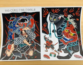 Japanese Tattoo Cat Art Print Monmon Cats Boss Cat Print Etsy