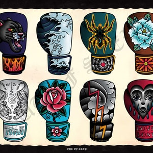 May include: Eight boxing gloves with different designs. The gloves are blue, red, brown, gray, and white. The designs include a panther, waves, a spider, a flower, a tiger, a rose, lightning, and a heart with a crying face. The text "LOVE LOST" is on one of the gloves.