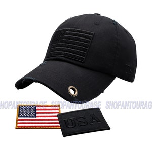 Antourage American Flag Hat for Men and Women | Vintage Baseball Tactical Cap Hat with USA Flag & Keyhole + 2 Patriotic Patches -Black