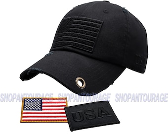 Antourage American Flag Hat for Men and Women | Vintage Baseball Tactical Cap Hat with USA Flag & Keyhole + 2 Patriotic Patches -Black