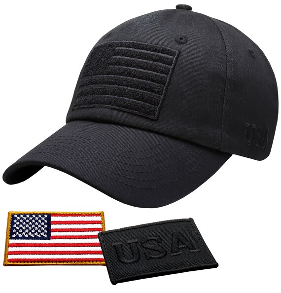 Antourage American Flag Hat for Men and Women | Plain Baseball Tactical Hat Cap with USA Flag + 2 Patriotic Patches (Included) - Black