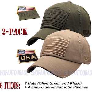 Può includere: Pacchetto da due cappellini da baseball consumati in verde oliva e kaki con toppe ricamate della bandiera americana. Il pacchetto include 4 toppe ricamate aggiuntive che recitano "USA".