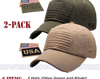 ANTOURAGE 2 Pack: American Flag Vintage Baseball Hat for Men & Women | 6 Items (2 Hats + 4 Patches)