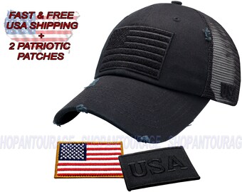 Antourage American Flag Unconstructed Mesh Snapback Trucker Hat for Men and Women | USA Mesh back Flag Cap + 2 Patriotic Patches - Black