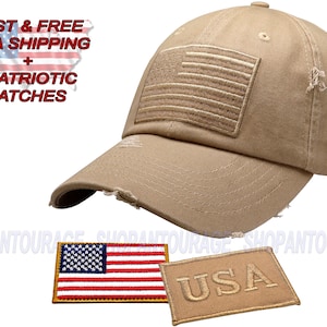 Antourage American Flag Hat for Men and Women | Vintage Baseball Tactical Hat Cap with USA Flag + 2 Patriotic Patches (Included) - Khaki