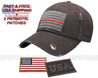 Antourage Amerikaanse vlag hoed voor mannen en vrouwen | Vintage Honkbal Tactische Cap met USA Vlag &Keyhole + 2 Patriotic Patches - Grijs / Rode Lijn