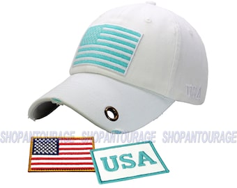 Antourage American Flag Hat for Men and Women | Vintage Baseball Tactical Hat Cap with USA Flag & Keyhole + 2 Patriotic Patches - White/Teal