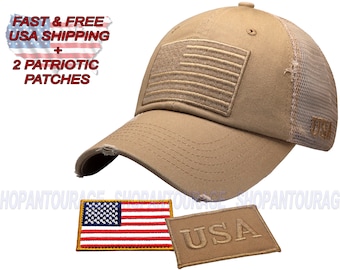 Antourage American Flag Unconstructed Mesh Snapback Trucker Hat for Men and Women | USA Mesh back Flag Cap + 2 Patriotic Patches - Khaki