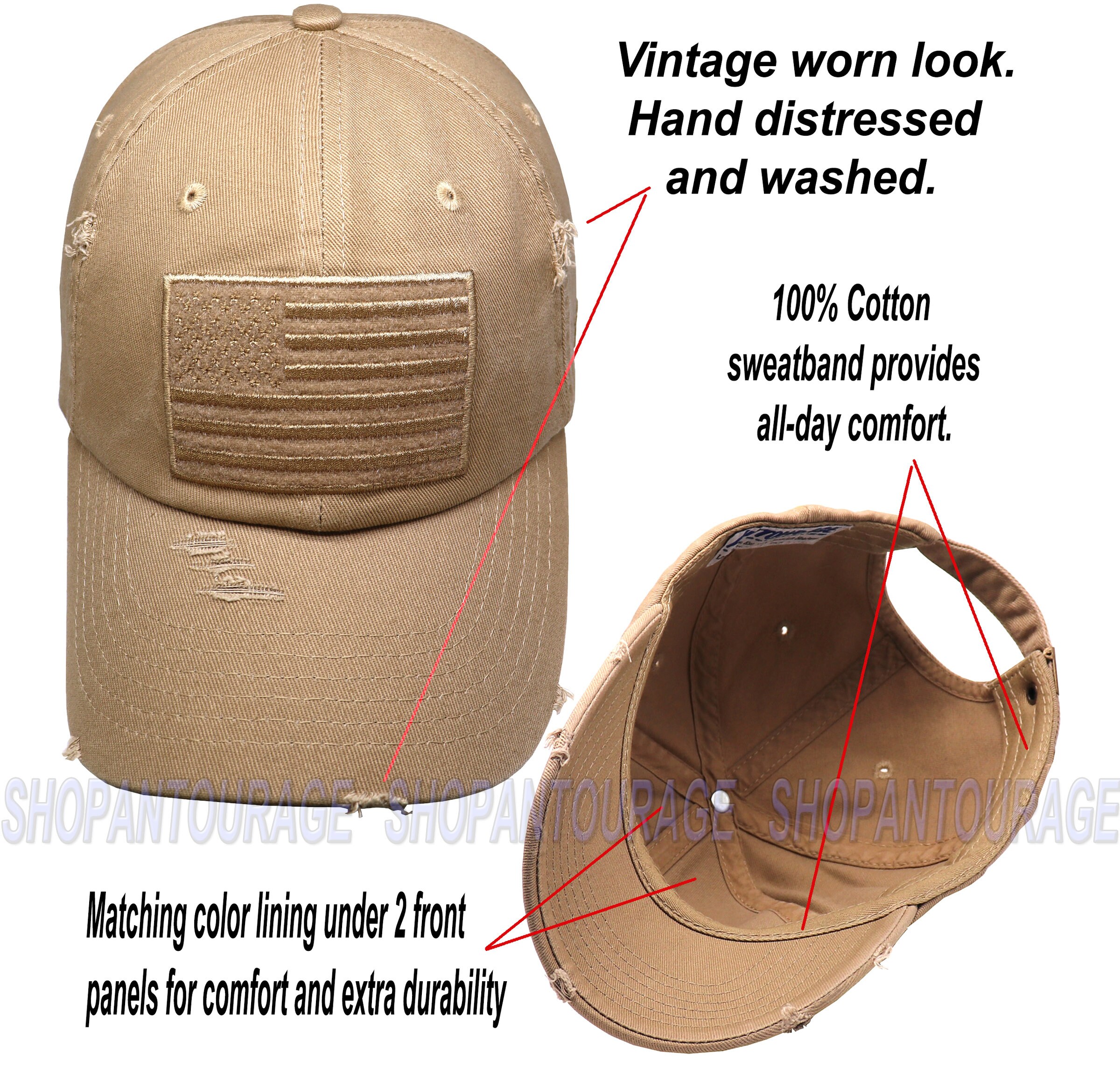 Antourage American Flag Baseball Hat - Unisex Mesh Snapback, Includes 2 Patriotic Patches (Khaki) - View #10