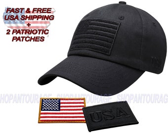 Antourage American Flag Hat for Men and Women | Plain Baseball Tactical Hat Cap with USA Flag + 2 Patriotic Patches (Included) - Black