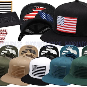 May include: A set of eight trucker hats in a variety of colours and designs. Each hat features a black and white American flag patch on the front. The hats are made from a breathable mesh material and have a curved brim. The hats are available in black, white, green, blue, and tan.