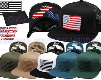 Antourage American Flag Flat Visor Constructed Mesh Snapback Hat + 2 Patriotic Patches (6 Colors)