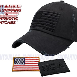 Antourage American Flag Hat for Men and Women | Vintage Baseball Tactical Hat Cap with USA Flag + 2 Patriotic Patches (Included) - Black