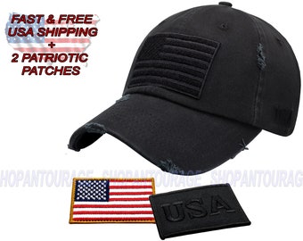 Antourage American Flag Hat for Men and Women | Vintage Baseball Tactical Hat Cap with USA Flag + 2 Patriotic Patches (Included) - Black