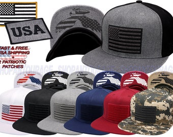 Antourage American Flag Flat Visor Constructed Snapback Hat +2 Patriotic Patches (7 Colors)