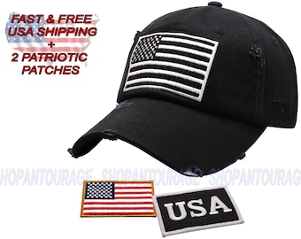 Antourage American Flag Hat for Men and Women | Vintage Baseball Tactical Hat Cap with USA Flag + 2 Patriotic Patches (Included)-Black/White