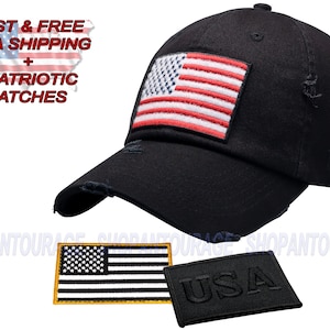 Antourage American Flag Hat for Men and Women | Vintage Baseball Tactical Hat with USA Flag + 2 Patriotic Patches (Included) - Black_ Full