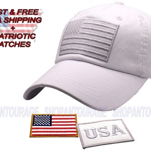 Antourage American Flag Hat for Men and Women | Vintage Baseball Tactical Hat Cap with USA Flag + 2 Patriotic Patches (Included) - White