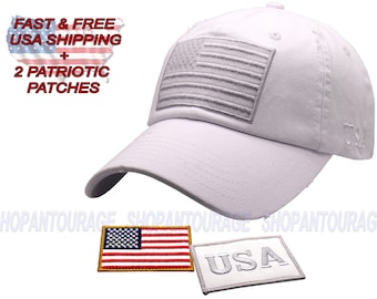 Antourage American Flag Hat for Men and Women | Vintage Baseball Tactical Hat Cap with USA Flag + 2 Patriotic Patches (Included) - White