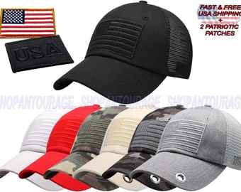 Antourage American Flag Unconstructed Mesh Snapback Trucker Hat for Men and Women | USA Mesh back Flag Cap + 2 Patriotic Patches - Black