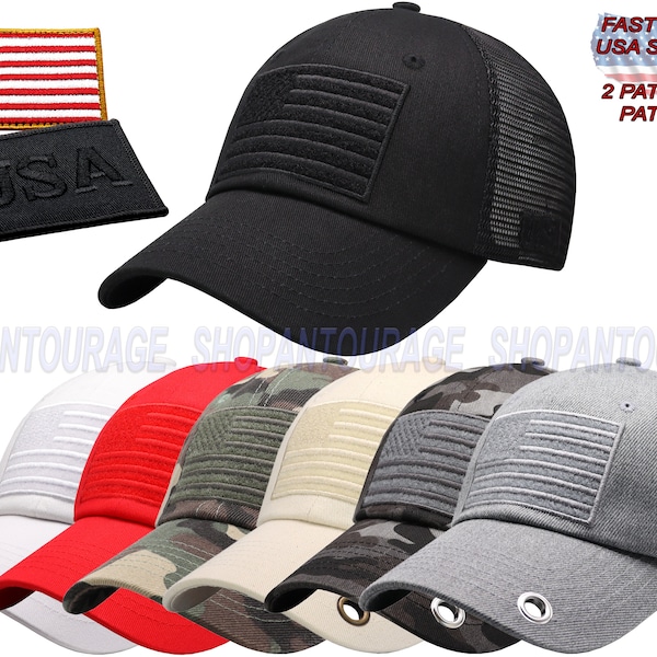 Antourage American Flag Unconstructed Mesh Snapback Trucker Hat for Men and Women | USA Mesh back Flag Cap + 2 Patriotic Patches - Black