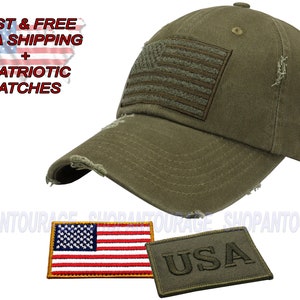 Chapeau drapeau américain Antourage pour hommes et femmes | Casquette tactique de baseball vintage avec drapeau américain + 2 patchs patriotiques (inclus) - Olive