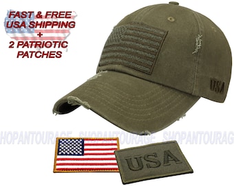 Antourage American Flag Hat for Men and Women | Vintage Baseball Tactical Hat Cap with USA Flag + 2 Patriotic Patches (Included) - Olive