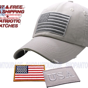 Antourage American Flag Hat for Men and Women | Vintage Baseball Tactical Hat Cap with USA Flag + 2 Patriotic Patches (Included) - Lt.Grey