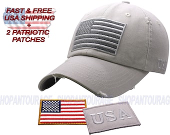 Antourage American Flag Hat for Men and Women | Vintage Baseball Tactical Hat Cap with USA Flag + 2 Patriotic Patches (Included) - Lt.Grey