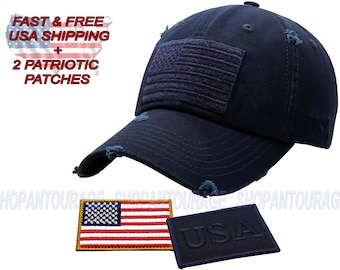 Antourage American Flag Hat for Men and Women | Vintage Baseball Tactical Hat Cap with USA Flag + 2 Patriotic Patches (Included) - Navy