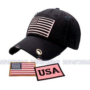 Antourage American Flag Hat for Men and Women | Vintage Baseball Tactical Cap with USA Flag & Keyhole + 2 Patriotic Patches -Black/Pink Flag