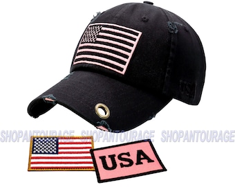 Antourage American Flag Hat for Men and Women | Vintage Baseball Tactical Cap with USA Flag & Keyhole + 2 Patriotic Patches -Black/Pink Flag