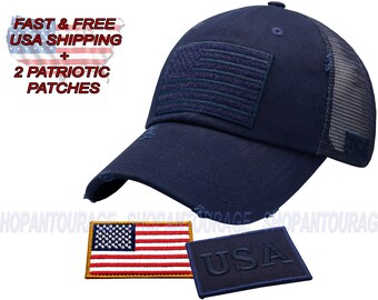 Antourage American Flag Unconstructed Mesh Snapback Trucker Hat for Men and Women | USA Mesh back Flag Cap + 2 Patriotic Patches - Navy Blue