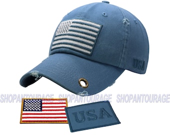 Antourage American Flag Hat for Men and Women | Vintage Baseball Tactical Hat Cap with USA Flag & Keyhole + 2 Patriotic Patches - Blue