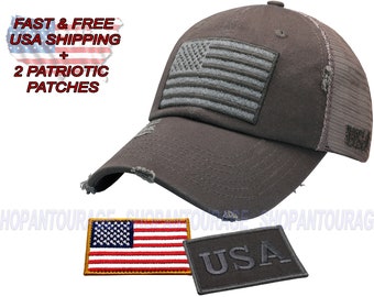 Antourage American Flag Unconstructed Mesh Snapback Trucker Hat for Men and Women | USA Mesh back Flag Cap + 2 Patriotic Patches - Grey