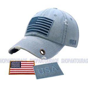 Antourage American Flag Hat for Men and Women | Vintage Baseball Tactical Hat Cap with USA Flag & Keyhole + 2 Patriotic Patches - Lt. Denim