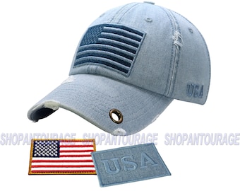 Antourage American Flag Hat for Men and Women | Vintage Baseball Tactical Hat Cap with USA Flag & Keyhole + 2 Patriotic Patches - Lt. Denim
