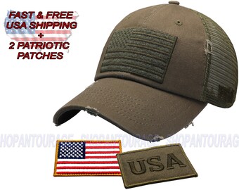 Antourage American Flag Unconstructed Mesh Snapback Trucker Hat for Men and Women | USA Mesh back Flag Cap + 2 Patriotic Patches - Olive