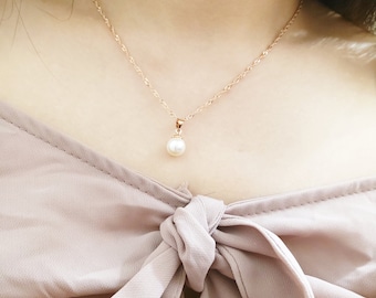 Pendentif en perle blanche avec collier en or rose S925, cadeau pour elle, collier de perles, collier S925, collier en or rose