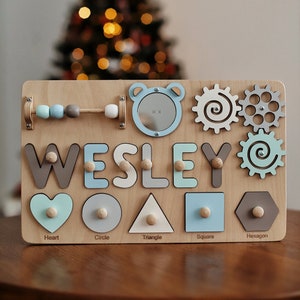 Custom Name Puzzle Busy Board – Montessori Toy for Toddlers – Wooden Sensory Toy for Baby Boy or Girl – Personalized Gift Age 1 2 3
