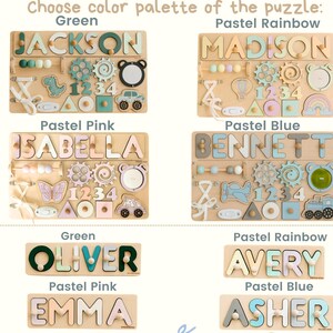 Op de afbeelding: Houten naam puzzels in verschillende pastelkleuren. Elke puzzel bevat de naam van een kind, samen met vormen, cijfers en kleine speelgoedfiguren. De afbeelding toont voorbeelden met de namen Jackson, Madison, Isabella en Bennett.