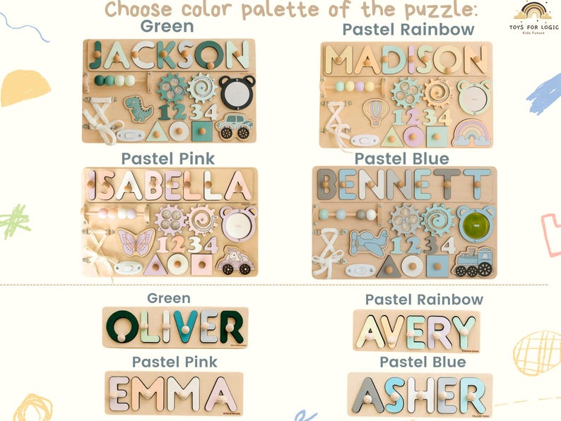 Op de afbeelding: Houten naam puzzels in verschillende pastelkleuren. Elke puzzel bevat de naam van een kind, samen met vormen, cijfers en kleine speelgoedfiguren. De afbeelding toont voorbeelden met de namen Jackson, Madison, Isabella en Bennett.