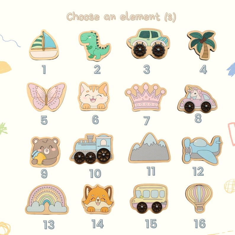 May include: A set of 16 wooden cutouts featuring various illustrations, including a sailboat, dinosaur, car, palm tree, butterfly, cat, crown, unicorn, bear, train, mountain, airplane, rainbow, fox, school bus, and hot air balloon. Each cutout is numbered 1 through 16.