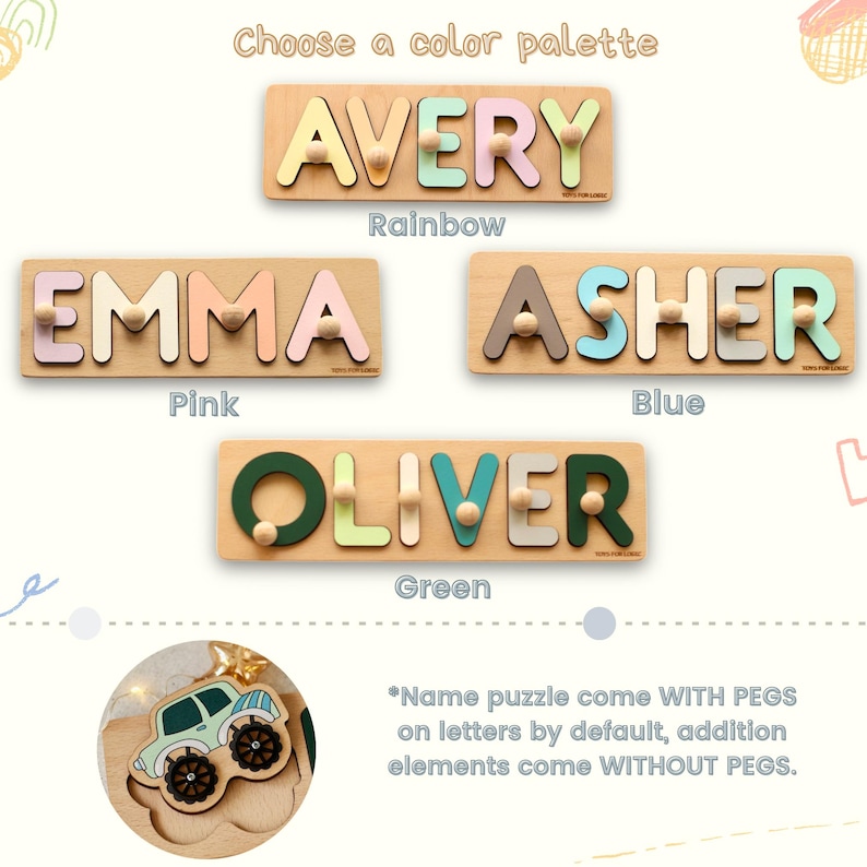 May include: Four wooden name puzzles with colorful letters. The names are Avery, Emma, Asher, and Oliver. The puzzles come with pegs on the letters and are available in rainbow, pink, blue, and green color palettes.